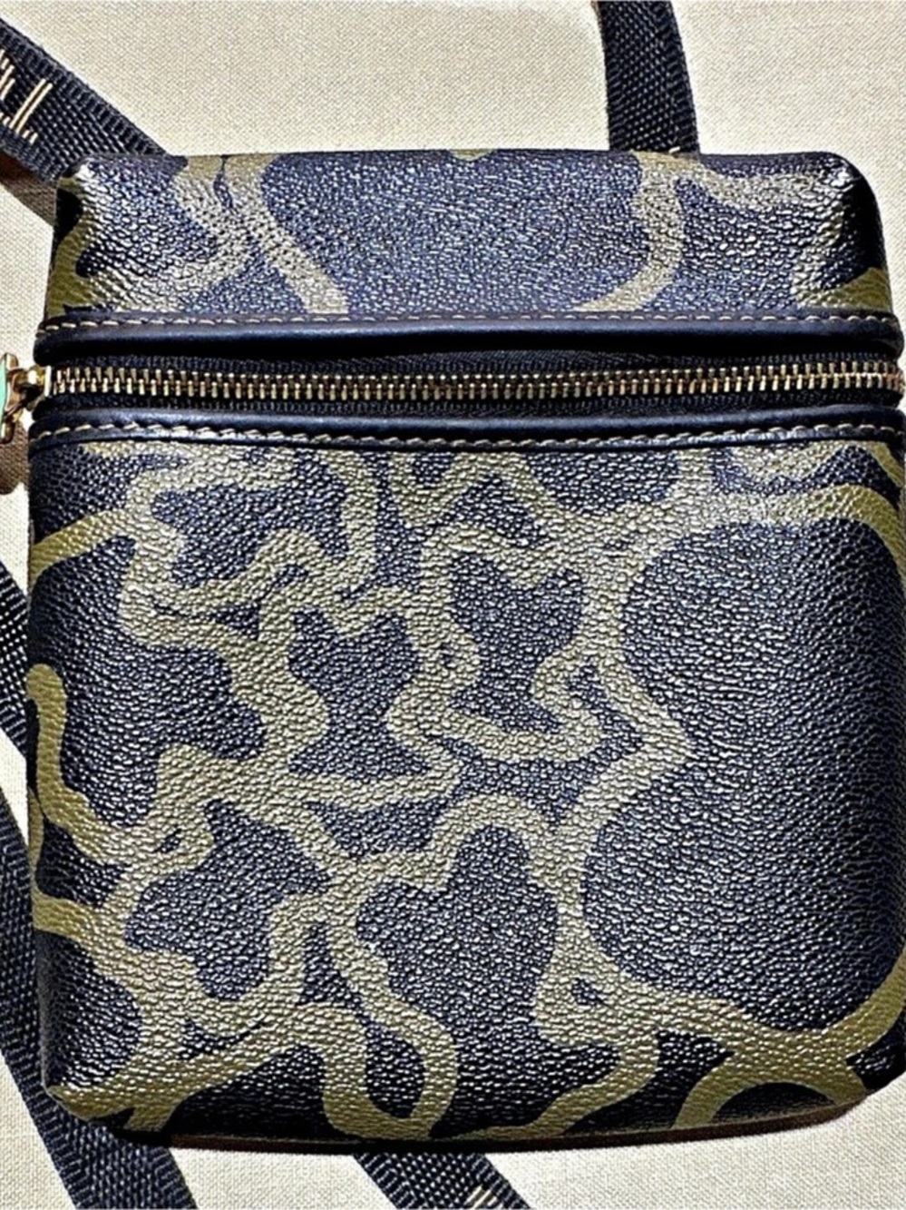 TOUS Kaos Mini Crossbody Bag Black Taupe Bear Print Mint Charm Adjustable Strap